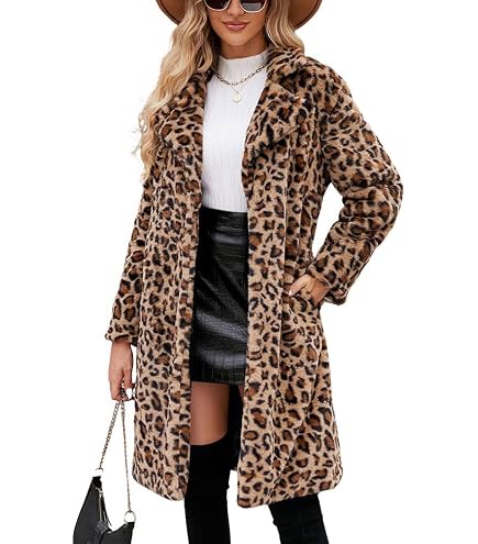 Sexyshine Women's Leopard Long Coat Fuzzy Fluffy Faux Fur Jackets